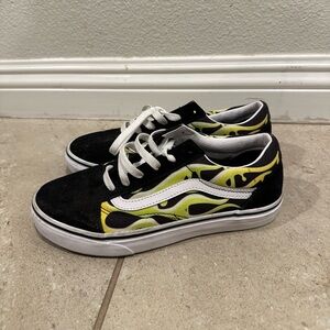 Vans Youth Black and Green Flame Sneakers